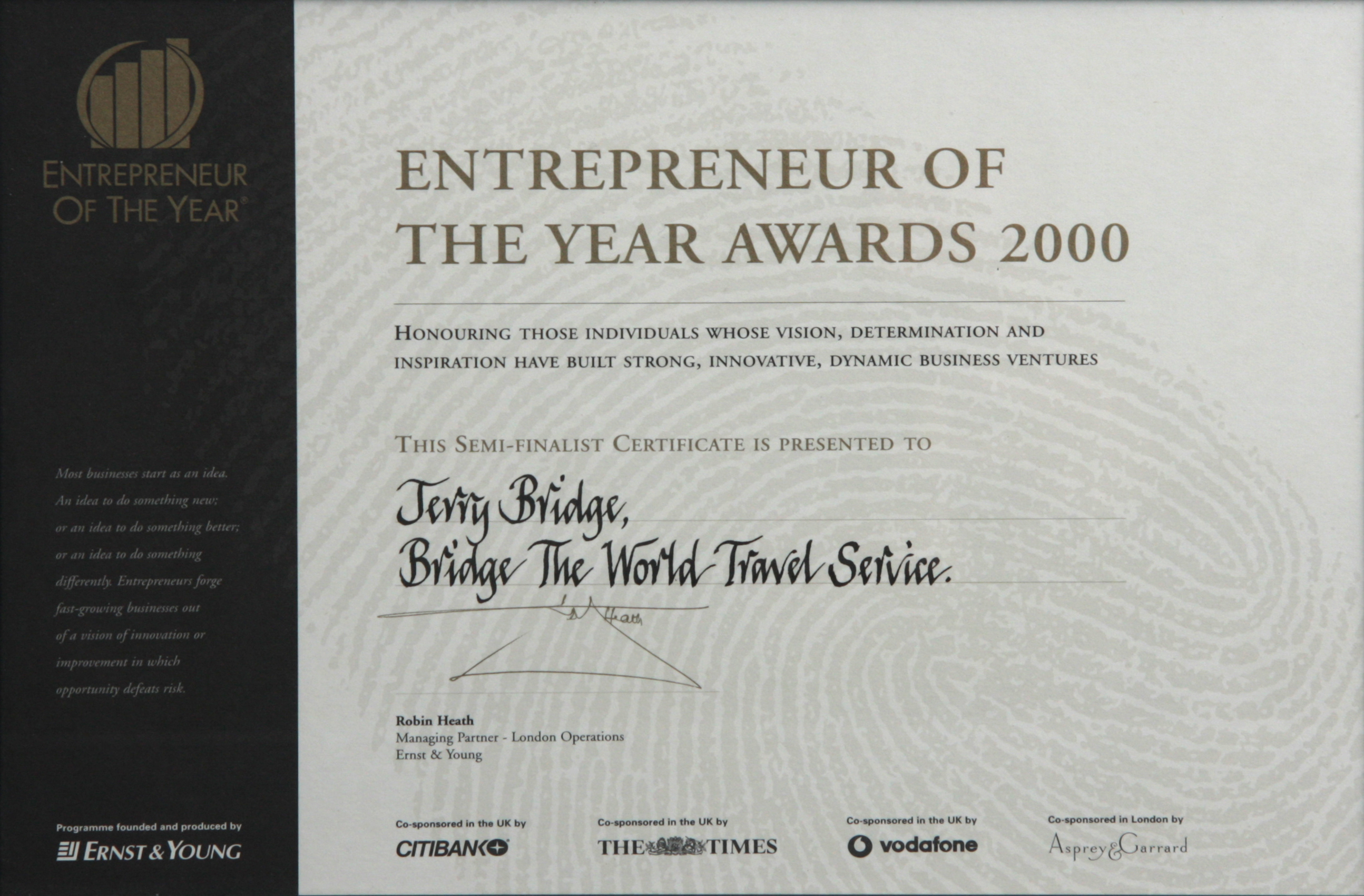 Entrpreneur of the year award semi-finalist - Ernst & Young